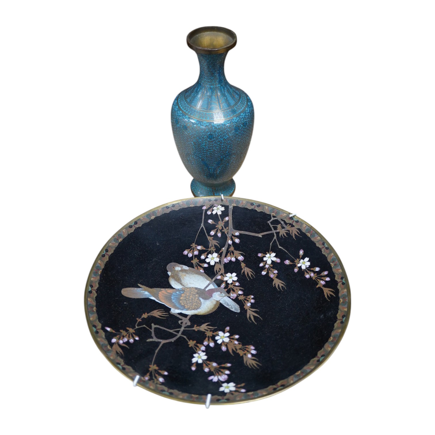 A Japanese cloisonné dish decorated with bird together with Chinese vase, largest 30cm in diameter. Condition - fair to good